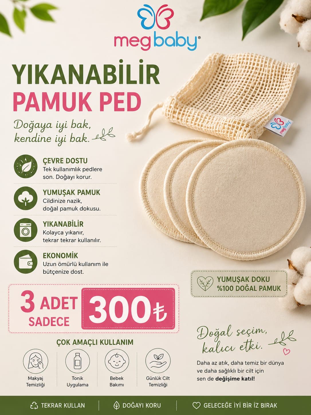 MEG BABY Yıkanabilir Ultra Hijyenik Bambu Makyaj Silme Bezi-3Adet
